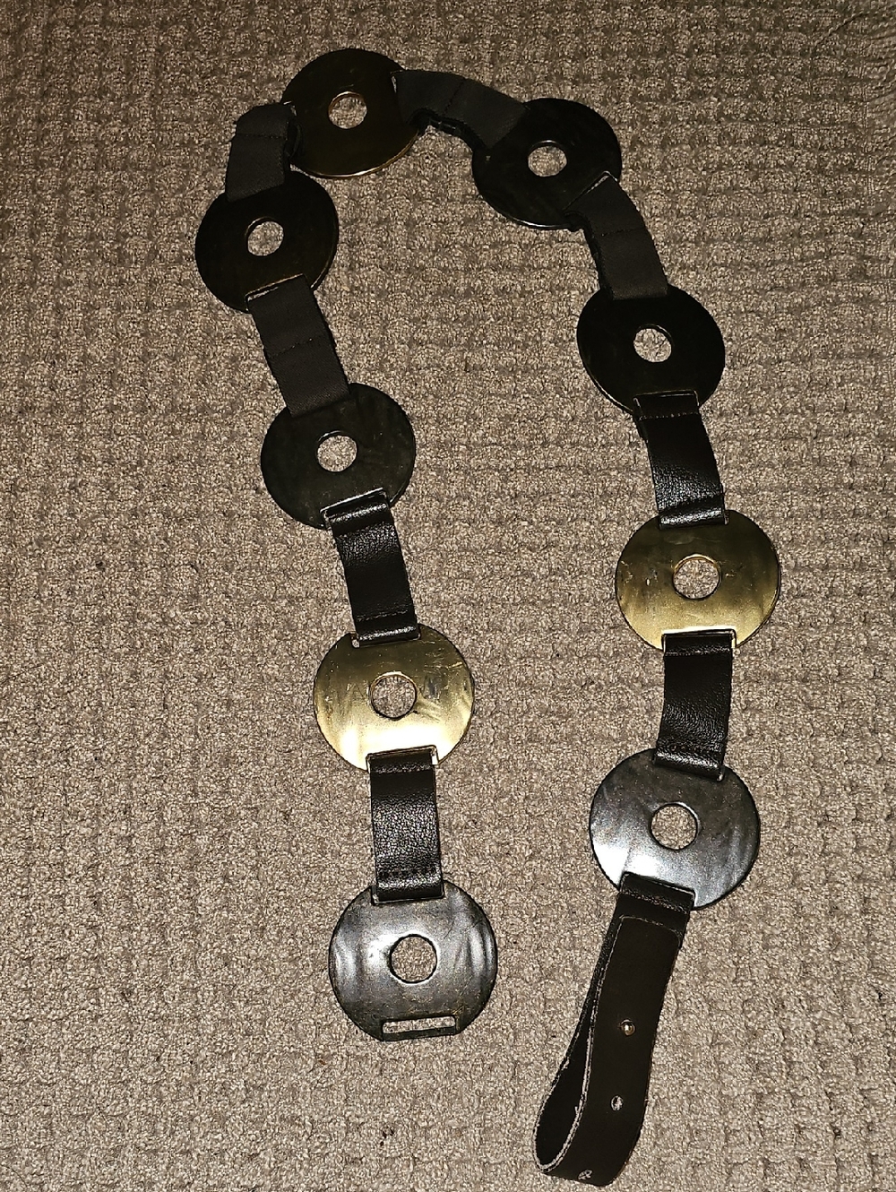 Sandy Duftler Vintage mixed metal circle disc and leather belt